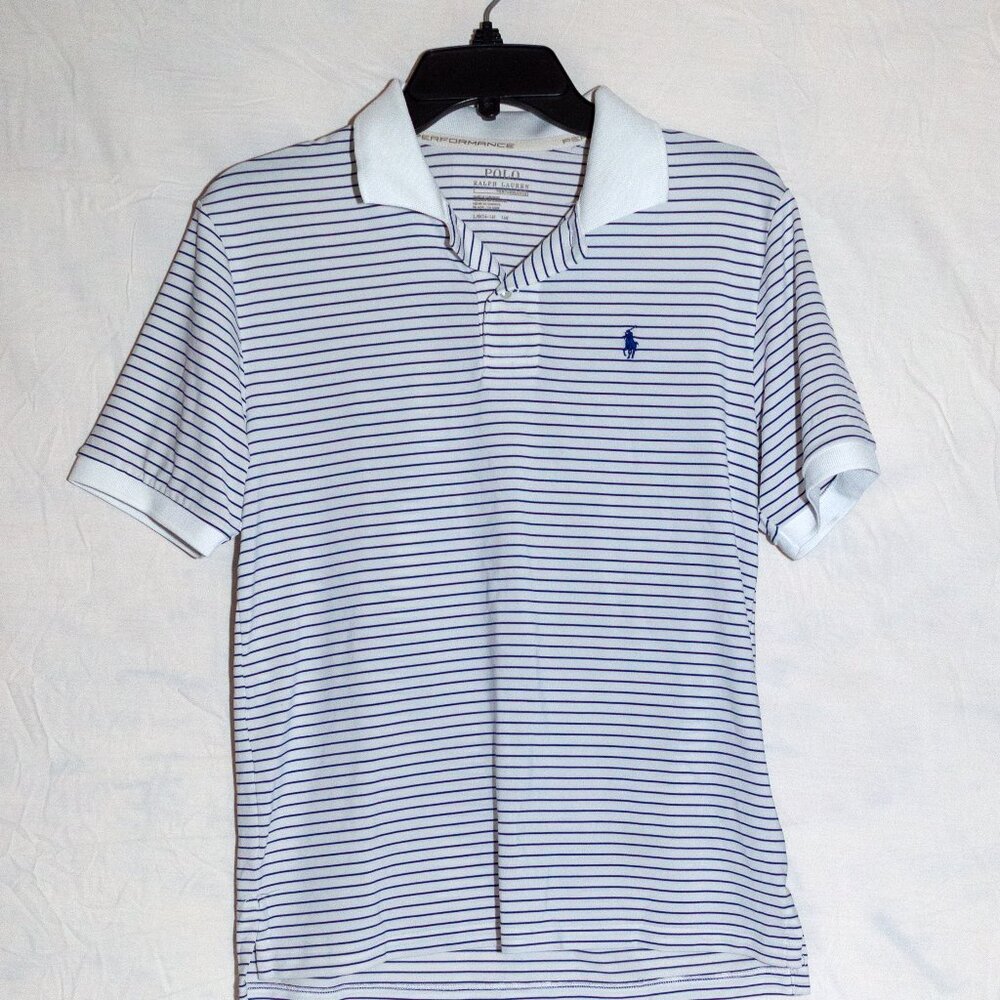 Polo Ralph Lauren Boys Large White & Blue Striped Performance Polo Shirt